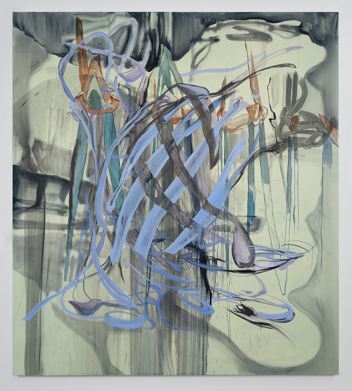 Gabriele Adomaityte, <i>Eternal scar would comb on it's way the enzymes dance in meander</i>, 2022. Oil and acrylic on linen, 78 3/4 x 70 7/8 in (200 x 180 cm)